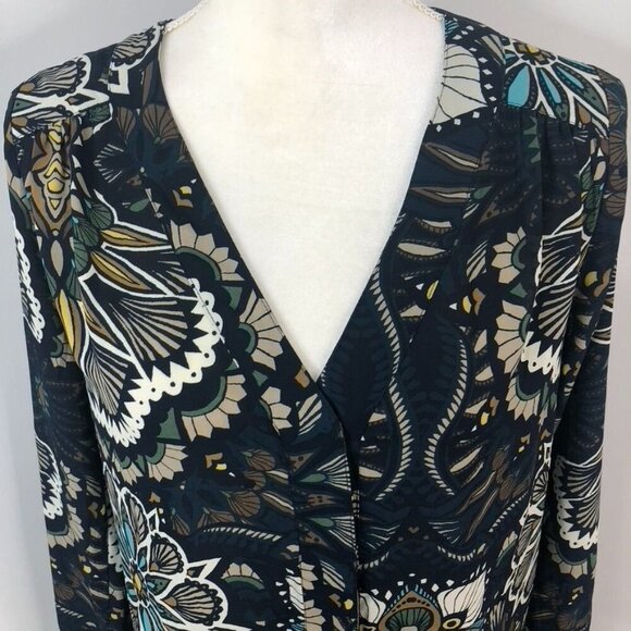 H&M Floral Print Long Sleeve V-Neck Blouse Size 4 Button Front Brown Blue Office - Picture 6 of 14